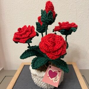 Handmade Crochet Red Roses in White Pot
